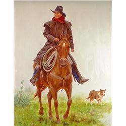 Enech, Dwayne, Cowgirl, horse & dog, 24"  h x 20" w, oil on board