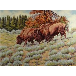 Melton, Steve, Two buffalo, oil, 18" h x 24" w