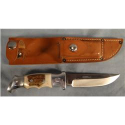 R. H. Ruana hunting knife, 5", stamped "M" w/sheath and wet stone