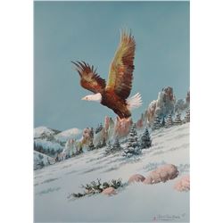 Cuts The Rope, Clarence, oil on canvas,  Evening Flight In The Little Rockies, 1983, 18" x 24"