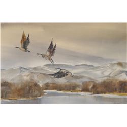 Spurgeon, Carol, "Geese Over The River", watercolor, 14" h x 22" w