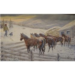 Dahlen, Oris, "Breakfast Time", oil on canvas, 12" h x 24" w