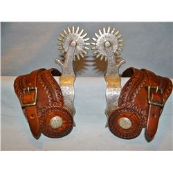 Crockett sterling silver mtd parade spurs, 20 pt. rowels, marked below button