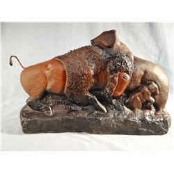 Chopwood,  Hank sandstone carving, Buffalo Bull Attacking Mama Bear and Cub, 18" w x 11" h