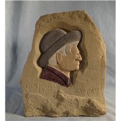 Chopwood,  Hank sandstone carving, C. M. Russell profile, 9" w  x 10" h