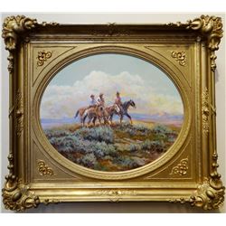Cheek, C. R. oil on canvas, 3 Cowboys Riding The Plains, 20" h x 24" w, gilted ornate frame. This is