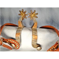 Crockett gal leg silver and copper mtd spurs, 8 pt rowels