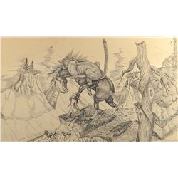 Cuts The Rope, Frank, pen & ink, Mountain Lion Attacking The Stallion, 1968, 12" x 20", framed in ba