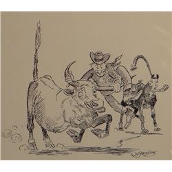 Standing, Wm. original pen/ink, The Wrangler, 5" x 5", framed