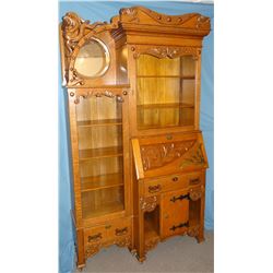 Ornate vintage oak cowboy secretary, ca 1880's, glass & hardware are original-a beautiful piece, har