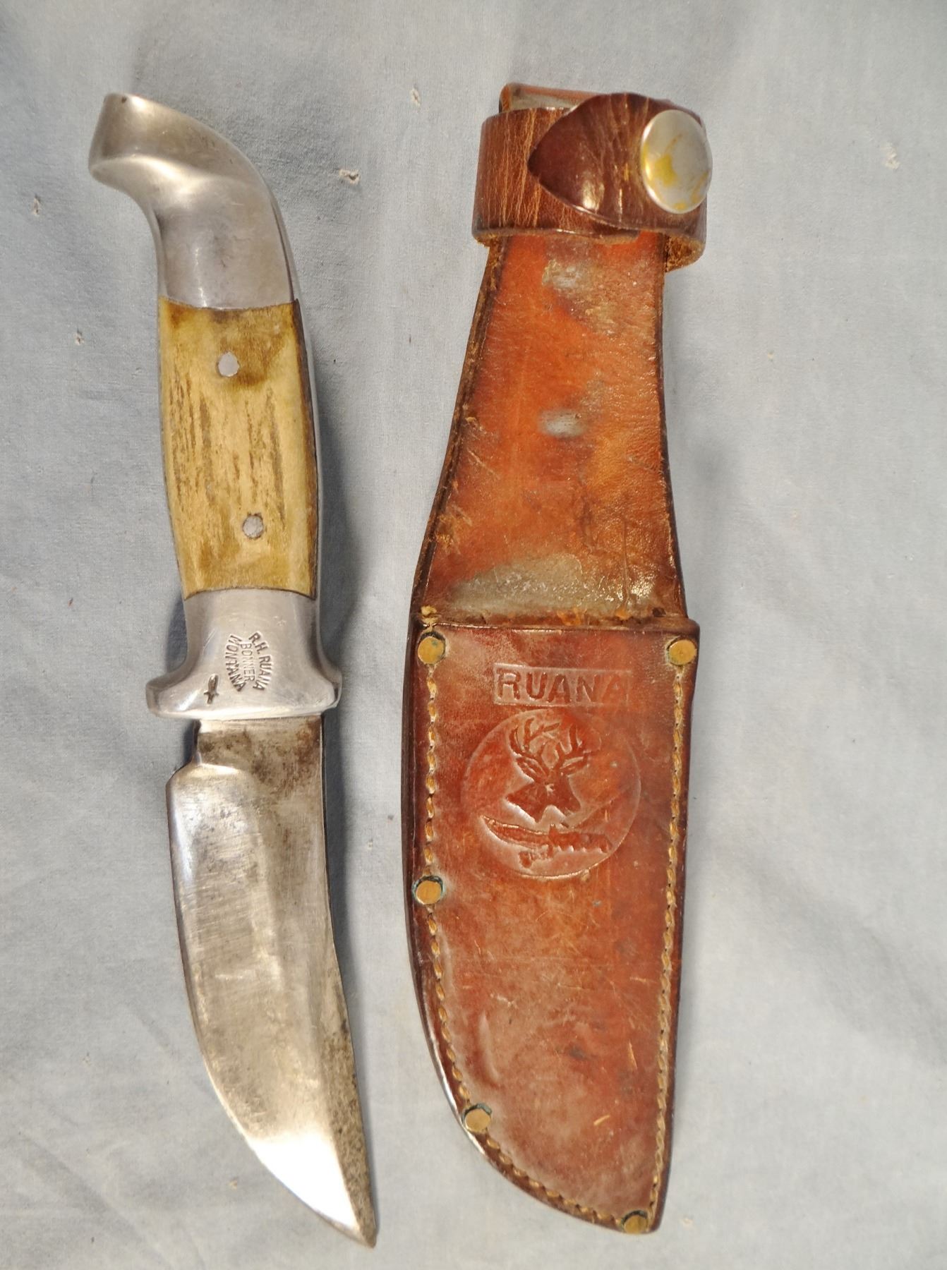 R. H. Ruana hunting knife, 5", stamped with Knife mark, w/sheath