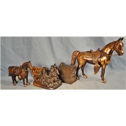 6 pcs. brass bookends, bank and horse