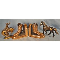 6 pcs. brass bookends, and 4 horses