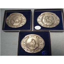 3 pewter buckles MT Centennial-Mule deer, antelope and bighorn sheep