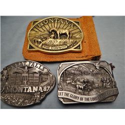 3 buckles MT Centennial - Bob Scriver, brass; Great Falls 1987, pewter; religious -pewter