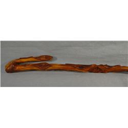 Diamond willow hand carved walking stick, 35" and Early underground miner's hat; 1928 Great Northern