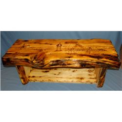 Fancy hand crafted pine coffee table with CM Russell décor, 48" l x 20" w