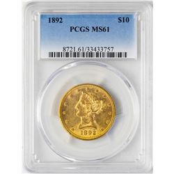 1892 $10 Liberty Head Eagle Gold Coin PCGS MS61