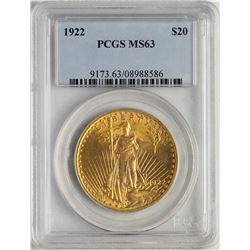 1922 $20 St. Gaudens Double Eagle Gold Coin PCGS MS63