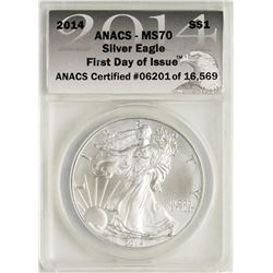 2014 $1 American Silver Eagle Coin ANACS MS70 First Day of Issue