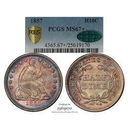 1857 Liberty Seated Half Dime Coin PCGS MS67+ CAC Amazing Toning