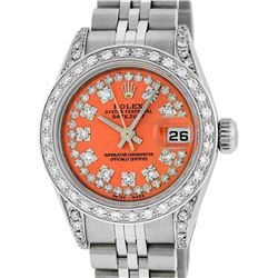 Rolex Ladies Stainless Steel Quickset Orange String Diamond Datejust Wristwatch