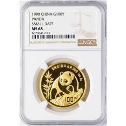 1990 Small Date China 100 Yuan Gold Panda Coin NGC MS68