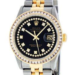 Rolex Mens Two Tone 14K Black String Princess Cut Diamond Datejust Watch