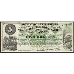 April 1, 1882 Chicago Burlington and Pacific Railroad Company Obsolete Note