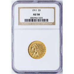 1911 $5 Indian Head Half Eagle Gold Coin NGC AU58