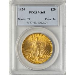 1924 $20 St. Gaudens Double Eagle Gold Coin PCGS MS63