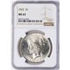 Image 1 : 1923 $1 Peace Silver Dollar Coin NGC MS63