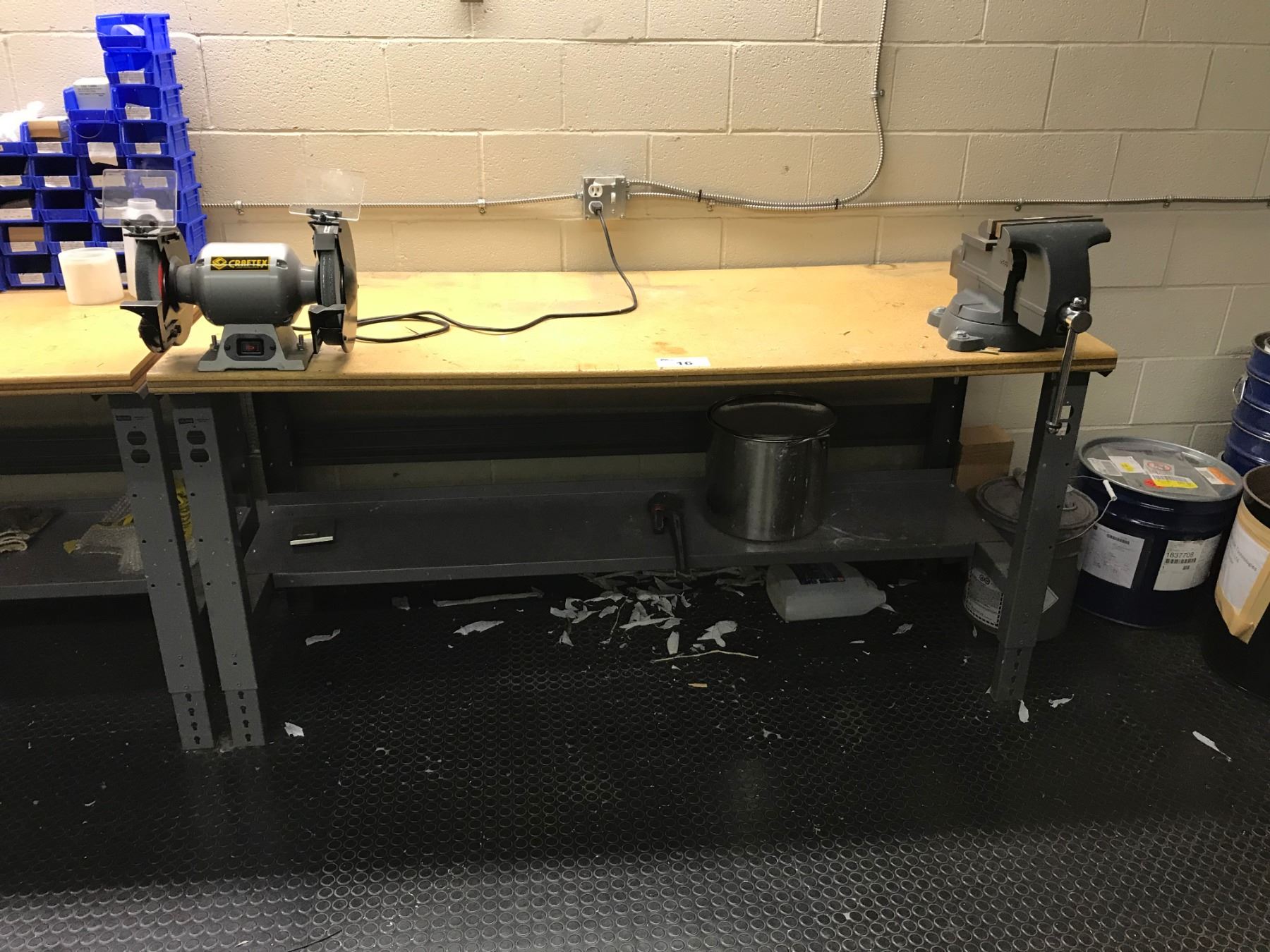 U Line Metal Frame Wood Top Work Bench With Vise And Bench Grinder