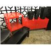 Image 1 : LOT OF MISC RED AND BLACK TABLES, STORAGE UNIT AND WASTE RECEPTACLES