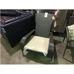 PAIR OF MUSKOKA 2-TONE BROWN PLASTIC RATTAN OUTDOOR PATIO ARM CHAIRS