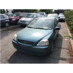 2004 KIA RIO, GREEN, 4DRSD, GAS, MANUAL, VIN#KNADC125446322549, *TMU, NO KEYS, MUST TOW, NOT