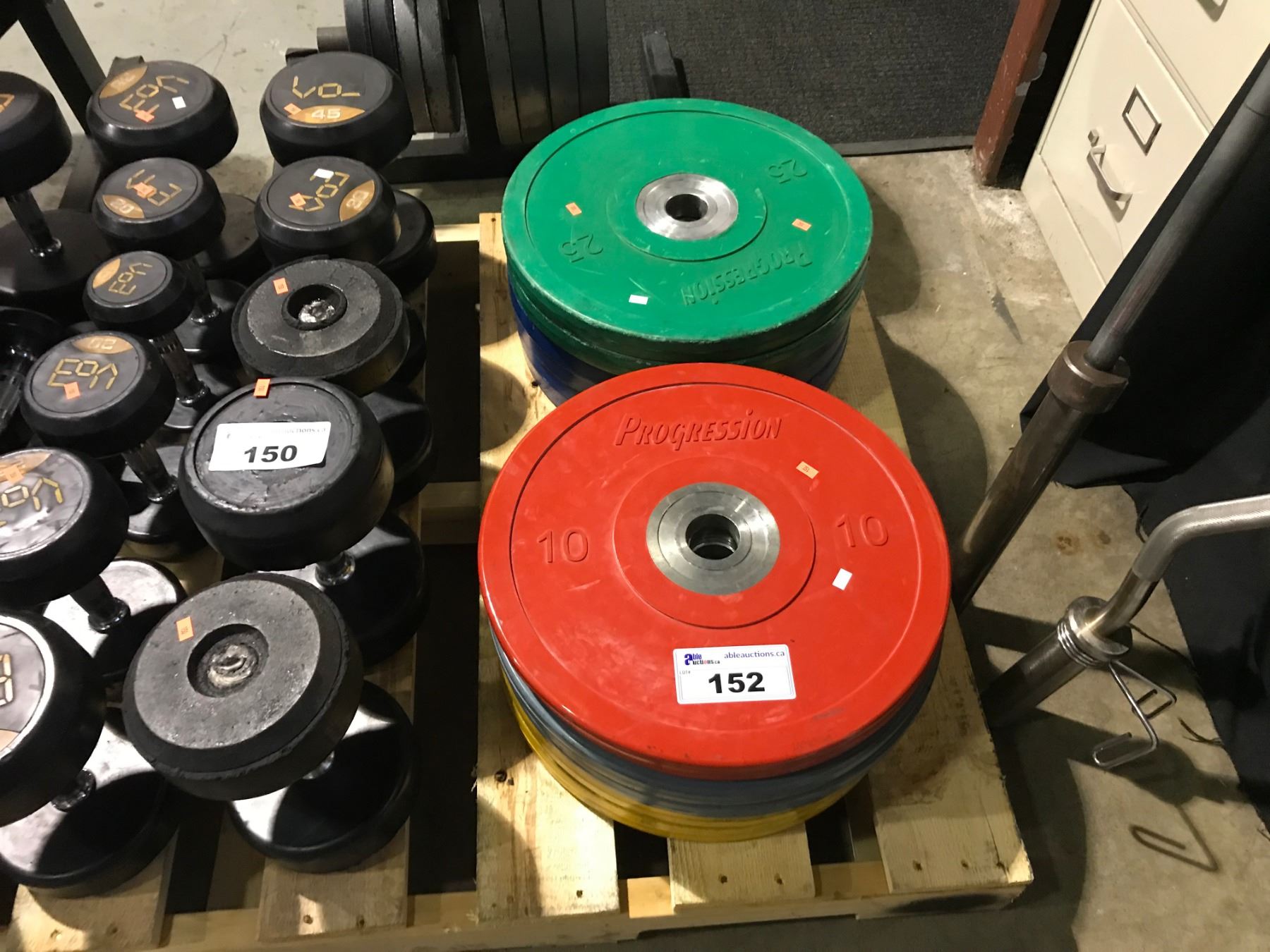 2 STACKS OF PROGRESSION RUBBER COATED COMMERCIAL FREE WEIGHTS