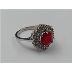 .925 STERLING SILVER RING SET WITH RED GEM & WHITE GEMS