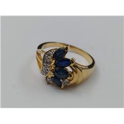 GOLD COLORED RING SET WITH DIAMONDS & BLUE EMERALDS