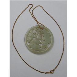 ROUND FLORAL JADE PENDANT WITH GOLD COLORED CHAIN