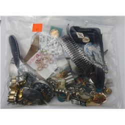 BAG OF WATCHES, PINS, EARRINGS AND MORE