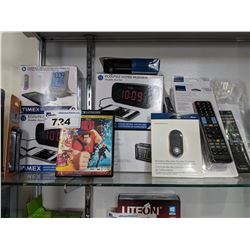 LOT OF ASSORTED ELECTRONICS/ACCESSORIES INCLUDING CLOCKS, REMOTES, WRECK-IT RALPH AND MORE