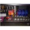 Image 2 : SHELF INCLUDING CATWOMAN MASK, WEIGHTS, ROUND WOOD DECOR AND MORE