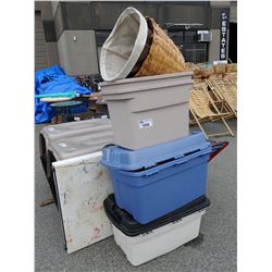 LOT OF BINS AND FOLDING TABLE