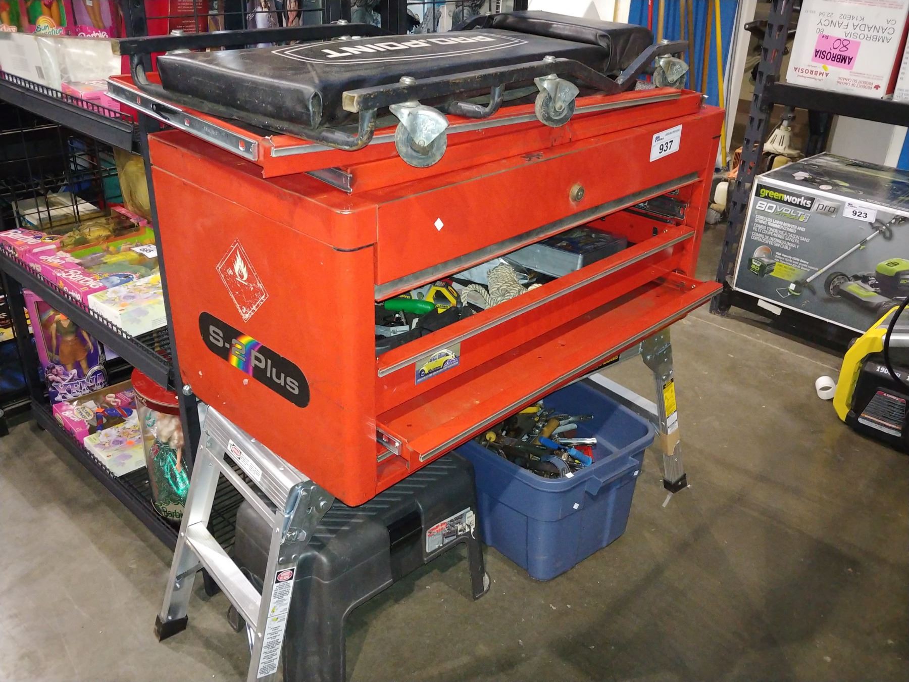 LOT INCLUDING RED TOOL BOX, PRO POINT CREEPER, TOOL BOX STEP STOOL AND ...