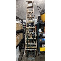 GREEN 2-WHEEL DOLLY AND PAIR OF WOOD STEP LADDERS