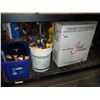 Image 1 : STAINLESS STEEL SINK, BUCKET OF CLAMPS AND BIN WITH CONTENTS