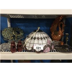 SHELF LOT OF DECORATIVE HOUSEHOLD ITEMS, LEADED GLASS HANGING LAMP, CANDLE HOLDERS, FOO DOGS ECT