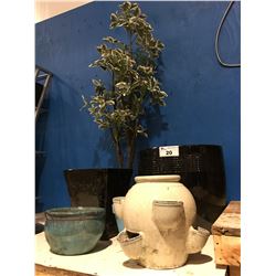 GROUP OF 6 ASSORTED CERAMIC PLANTERS & ARTIFICIAL TREE