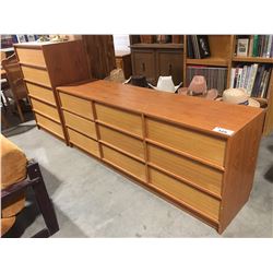 2 PCE TEAK BEDROOM DRESSER SET (LONG DRESSER DAMAGED BOTTOM BACK CORNER)